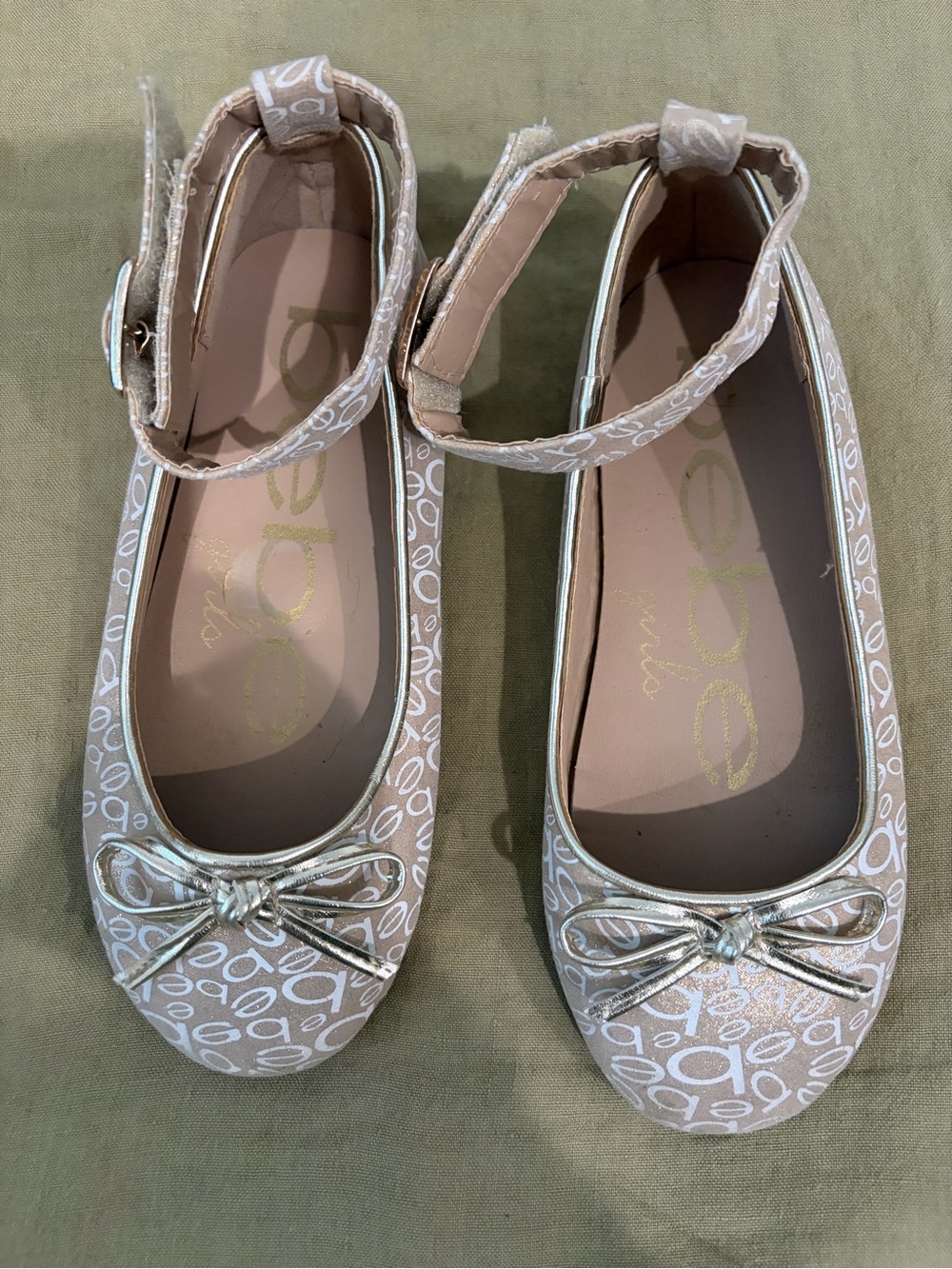 Bebe Metallic Beige Logo Ballet Flats with Ankle Strap